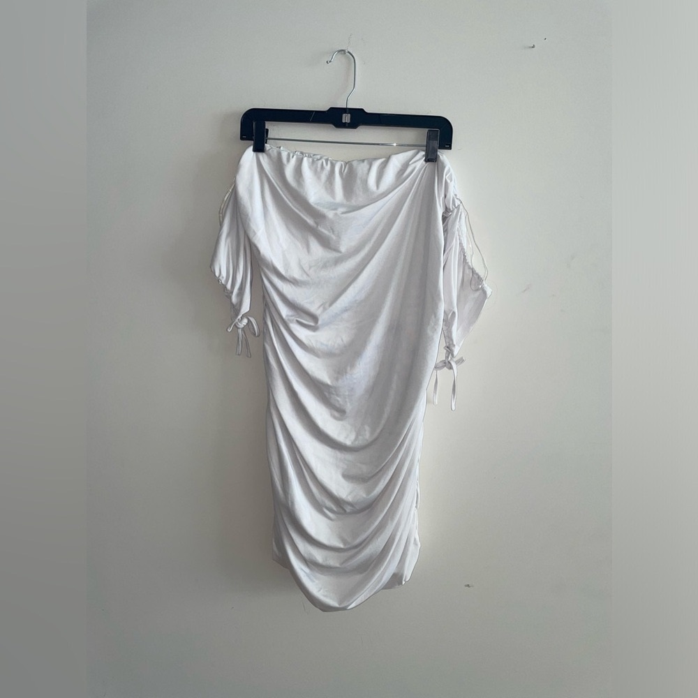 Ruched off the shoulder bodycon white dress